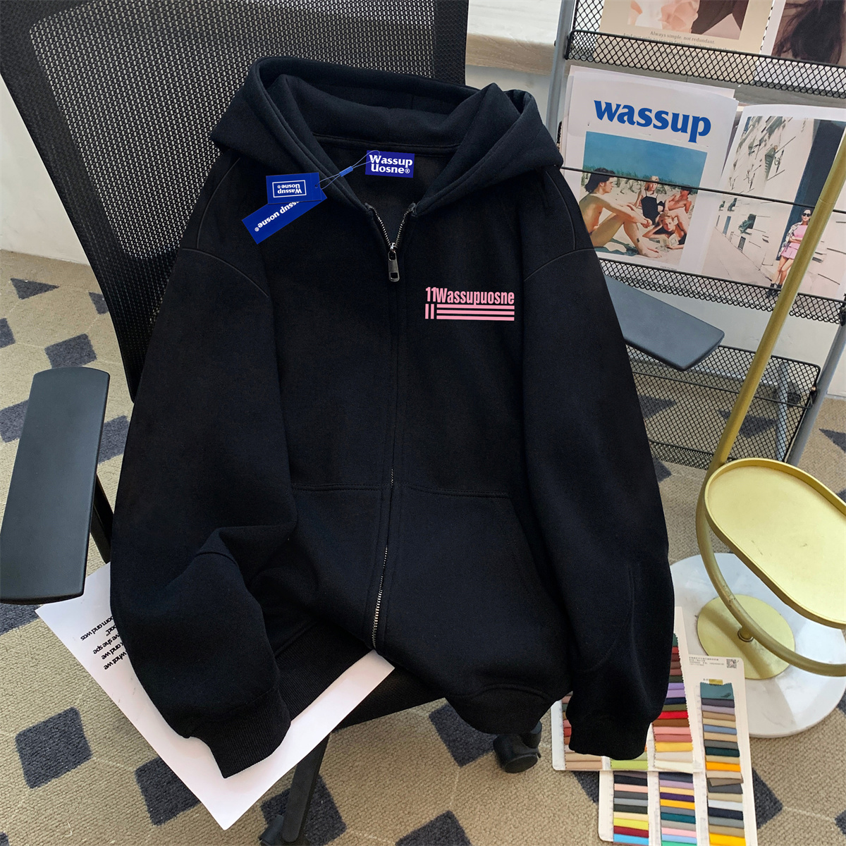 wassup美式重磅情侣卫衣开衫连帽外套男春秋款潮牌高级感拉链夹克