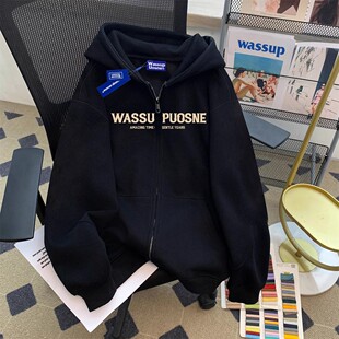 wassup美式高街连帽开衫卫衣男款2025新款秋冬装潮牌重磅拉链外套
