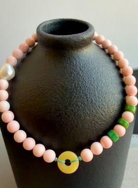 原矿七宝粉贝珍珠手链蜜蜡平安扣