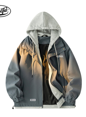 PAEFA假两件美式复古Logo印花拼接连帽百搭休闲夹克外套男女同款