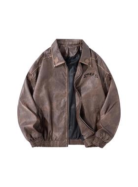 PAEFA 美式复古做旧美拉德色系擦色翻领机车风宽松休闲PU皮夹克