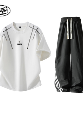 PAEFA重磅太空棉短袖T恤透气三条杠直筒长裤休闲运动套装男女同款