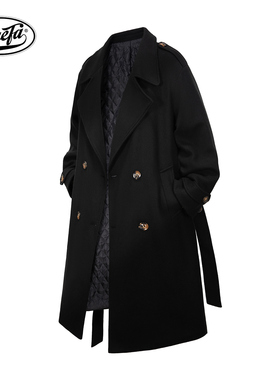 PAEFA 美式复古纯色英伦高级翻领收腰双排扣中长款毛呢大衣男女款