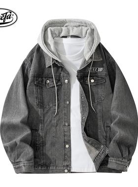 美式简约立领Logo贴标假两件连帽可拆卸复古百搭水洗牛仔外套夹克