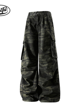 PAEFA 美式高街大口袋宽松直筒阔腿工装长裤迷彩牛仔裤 男女同款