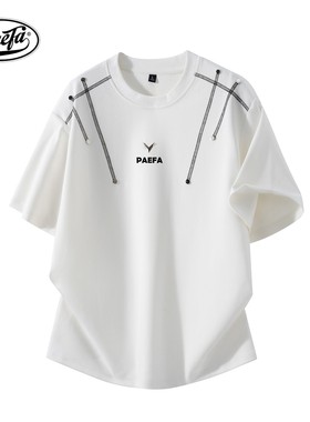 PAEFA 280g重磅太空棉垫肩logo小众正肩美式宽松短袖T恤 男女同款