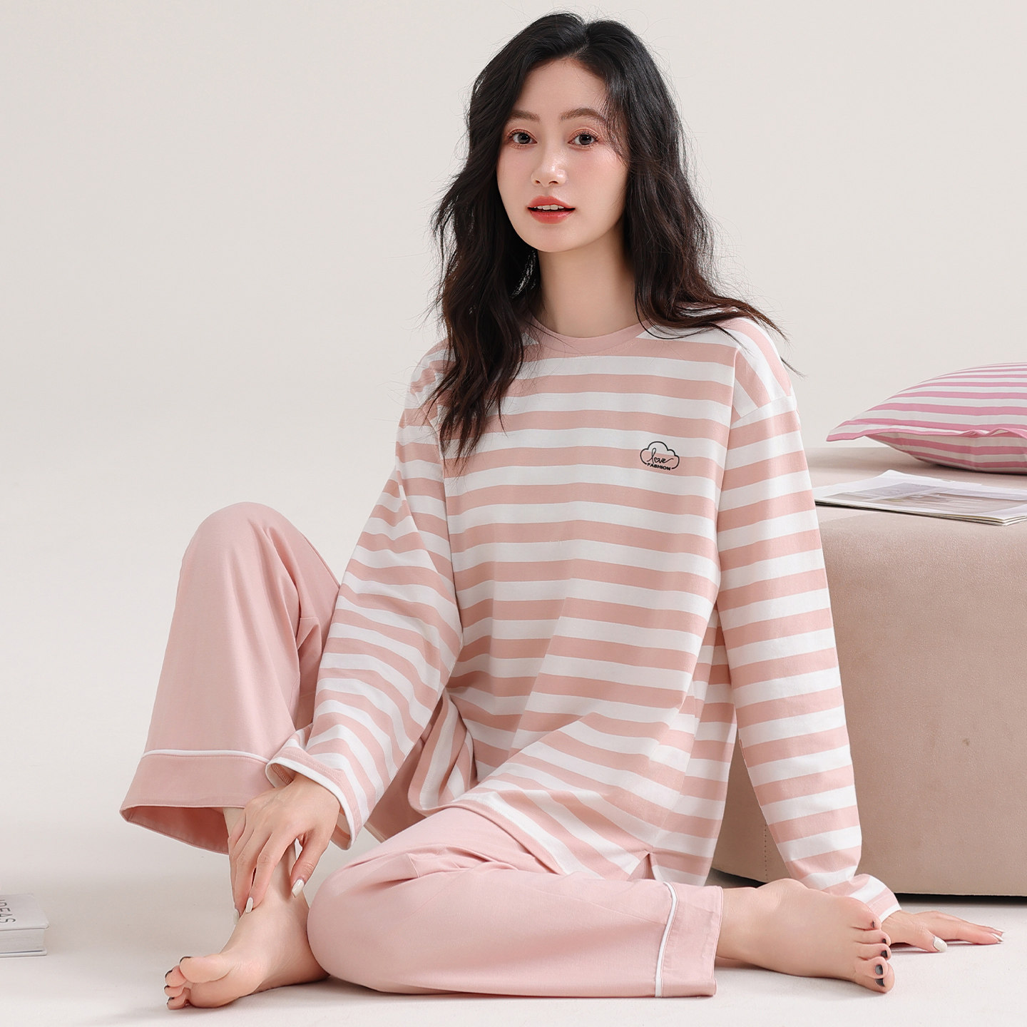 睡衣女春秋款纯棉长袖家居服套装