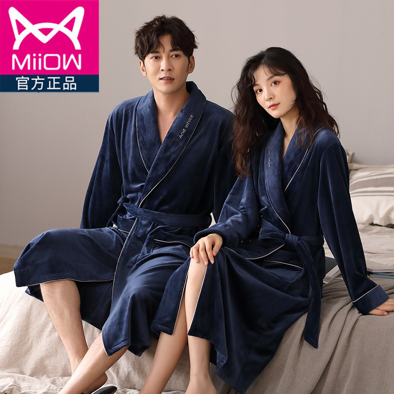 CAT MAN COUPLE NIGHTGOWN ISLAND VELVET THICKENED MENS BATHROBE FEMALE FLANNEL AUTUMN WINTER CORAL FLEECE LOUNGEWEAR PAJAMAS