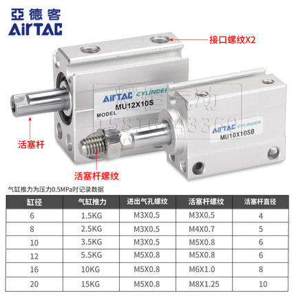气动自由安装气缸MU6/8/10/12/16/20X4X5X6X8X10X15SB亚德客
