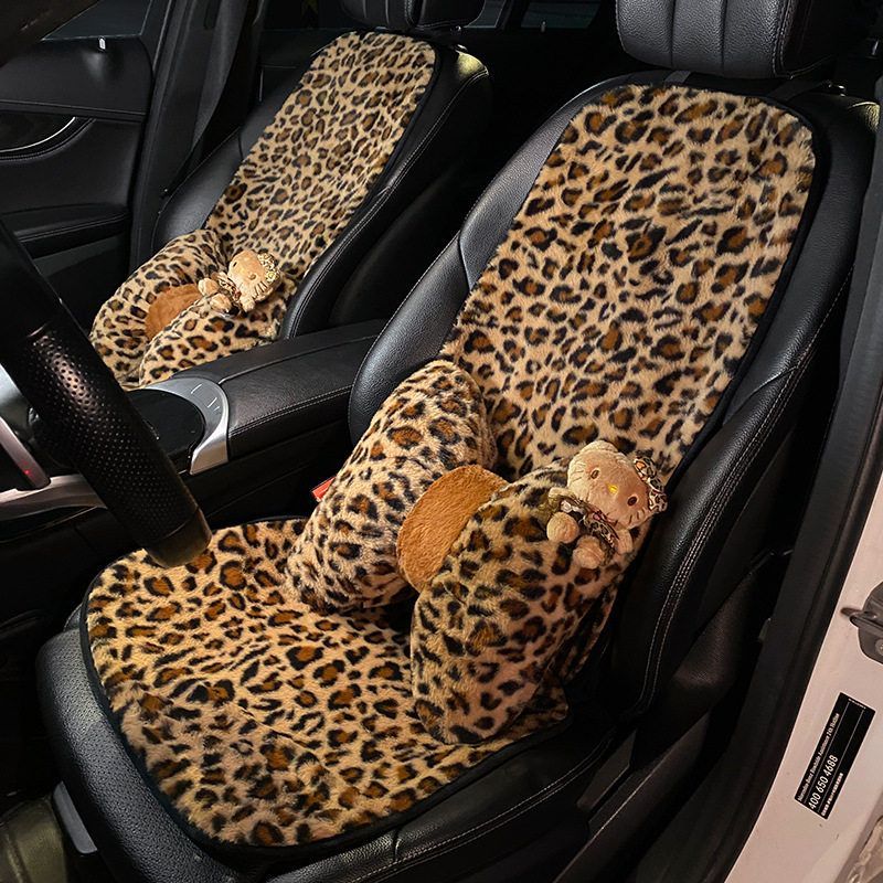 汽车坐垫冬季毛绒豹纹座椅座垫女生网红可爱KT猫头冬天保暖三件套
