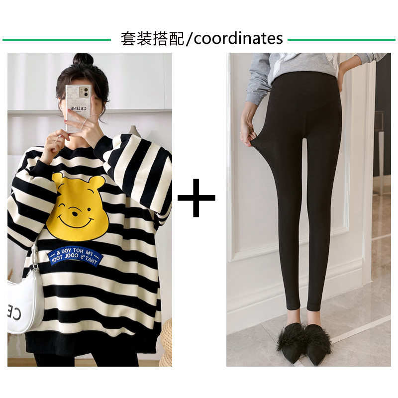 임산부 스트라이프 스웨트 셔츠 정장 세련된 봄 가을 대형 느슨한 가을 겨울 벨벳 두꺼운 바닥 탑과 바지