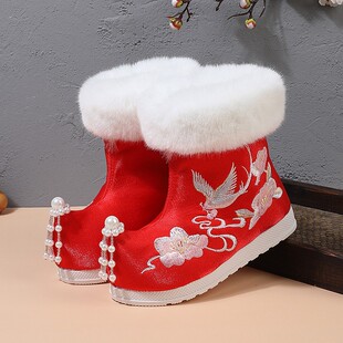 冬季加绒加厚儿童绣花鞋女童古风汉服鞋子演出唐装马面裙搭配鞋靴