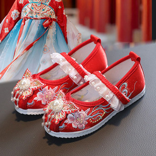 民族风儿童绣花鞋女童公主鞋古装演出汉服鞋红色唐装旗袍鞋子冬季