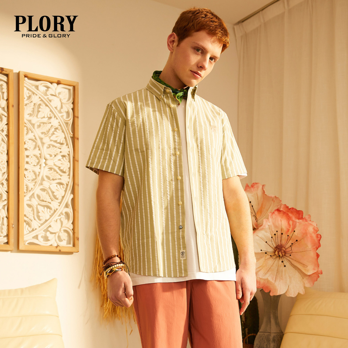 PLORY 夏季清爽条纹男士休闲短袖衬衣商务衬衫男