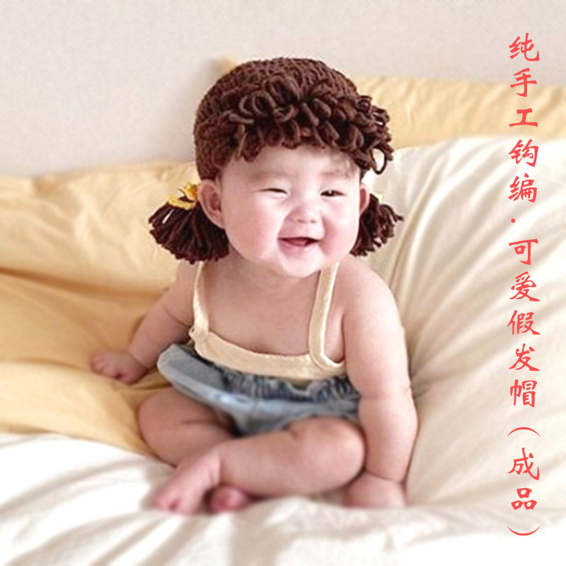 手工编织春秋宝宝假发毛线帽婴儿套头帽可爱超萌女童帽子0-1-2岁