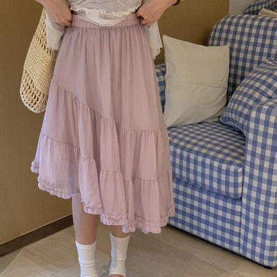 B加-新韩系简约休闲氛围感木耳边斜挎松紧腰蓬蓬半身裙26-8360-2