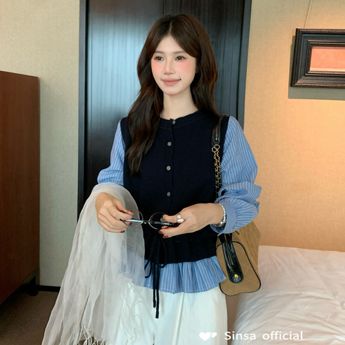 Sinsa×SUSAN-抽绳假两件韩系拼接款花边显瘦百搭保暖毛衣Si1209