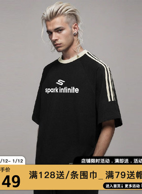 MIRACLE KILLxSPARK INFINITE联名款2025三杠条纹字母宽松短袖T恤