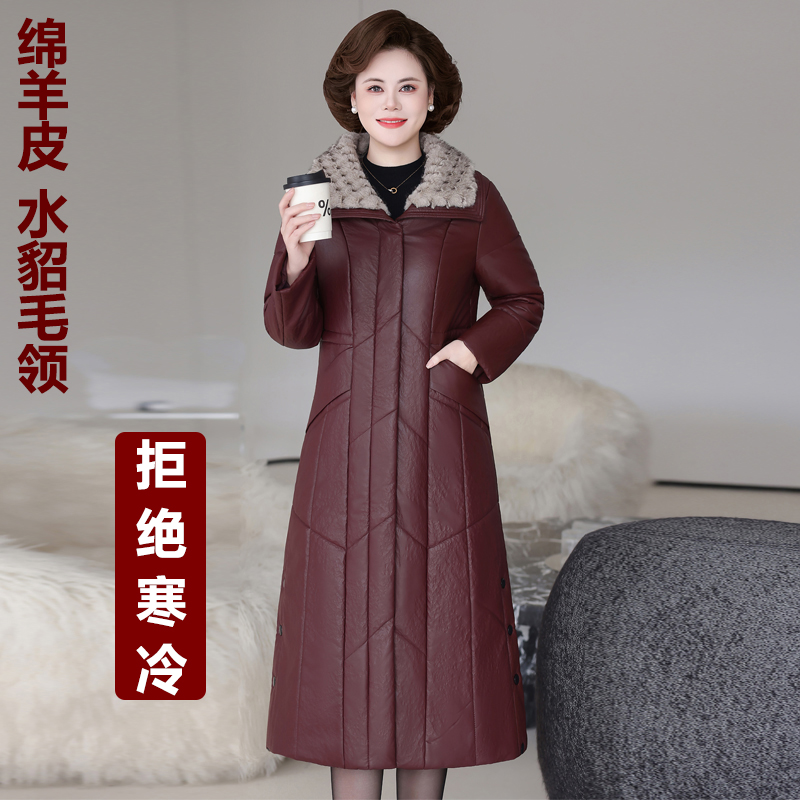 海宁真皮水貂毛领驼绒服女冬季长款过膝绵羊皮大衣高档加厚妈妈装
