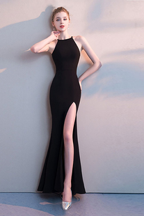 欧美夏季挂脖无袖露肩背收腰显瘦开叉打底连衣鱼尾长裙拖地莫代尔