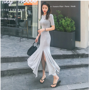 夏季新款莫代尔棉收腰显瘦超长拖地连衣裙开叉时尚大摆鱼尾裙垂坠