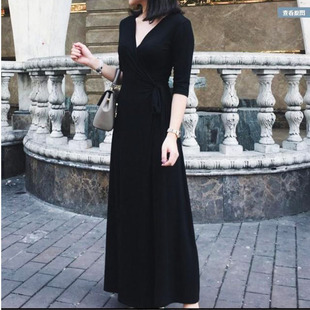 轻熟风七分袖系带打底长连衣裙2024早秋新品加长拖地收腰遮肚裹裙