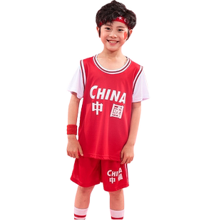 儿童篮球服假两件套装男童训练球衣中国红小孩短袖篮球衣运动套装