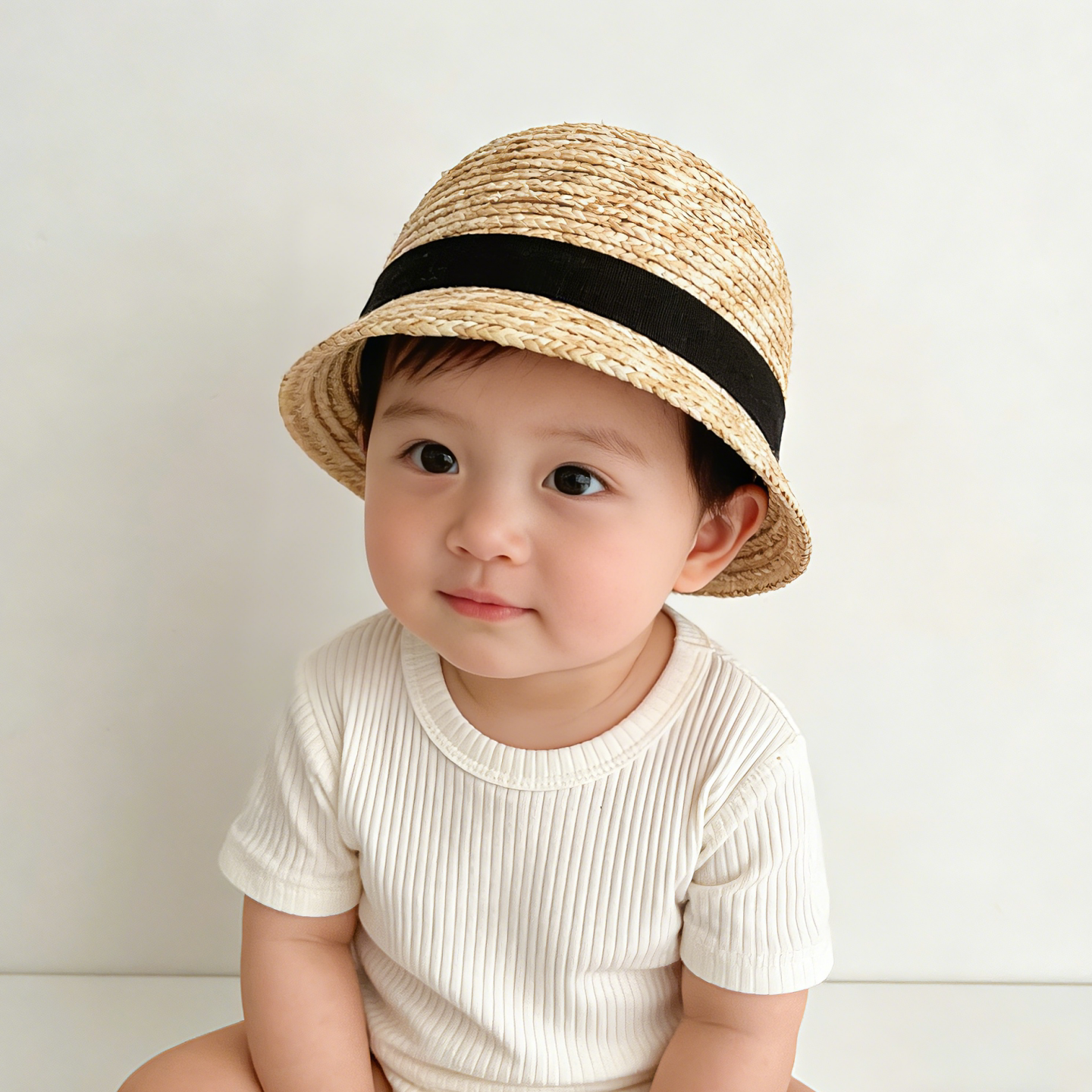 ins韩国婴幼儿草帽夏季宝宝可爱圆顶礼帽男女圆顶遮阳沙滩帽子潮