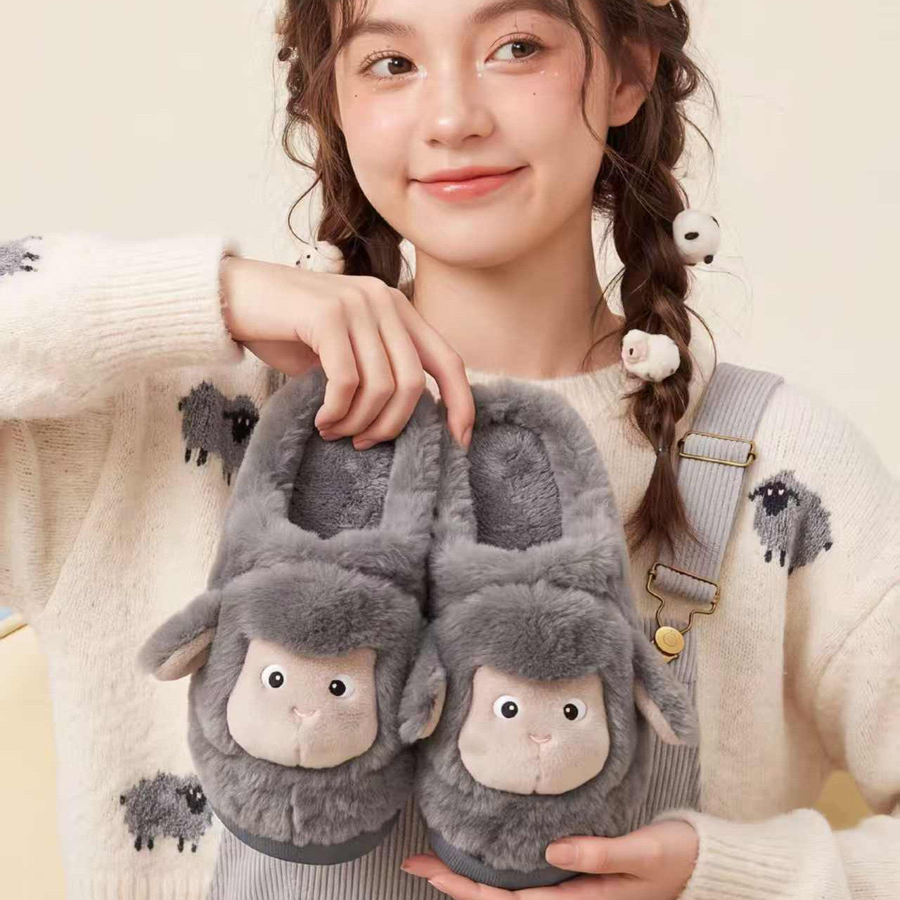 小羊棉拖鞋女2026新款冬季外穿外穿厚底防滑毛绒绒保暖加绒棉拖男