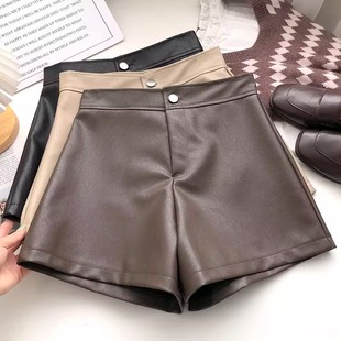 一粒扣高腰PU皮A字休闲裤女2022年秋装韩版时尚百搭外穿阔腿短裤