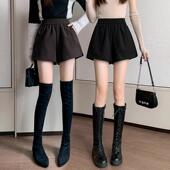 休闲黑色毛呢短裤 松紧外穿高腰a字宽松阔腿短裤 女2024秋冬季 新款