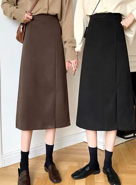 黑色纯色半身裙女秋冬季中长款a字裙2026新款高腰开叉包臀长裙子