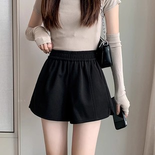 秋冬高腰宽松外穿a字打底休闲阔腿短裤 咖啡色毛呢短裤 女2024新款