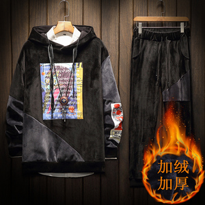 冬季日系大码金丝绒卫衣套装 男外套加绒滑板运动两件套TZ15/P125图片