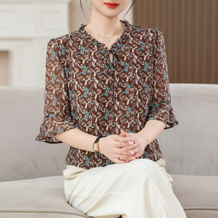 减龄妈妈装 碎花T恤绑带圆领气质衬衫 真丝上衣 喇叭袖 中老年女装