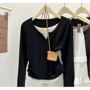 内搭高级感显瘦孕妇上衣 上衣女外穿秋冬新款 复古孕妇装 假两件长袖