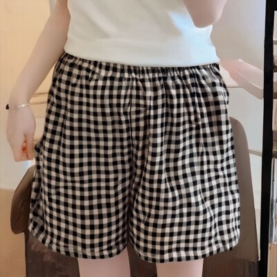 2025新款大码薄款睡裤短裤阔腿显瘦格子夏季宽松休闲家居休闲裤女