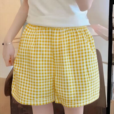 2025新款大码薄款睡裤短裤阔腿显瘦格子夏季宽松休闲家居休闲裤女