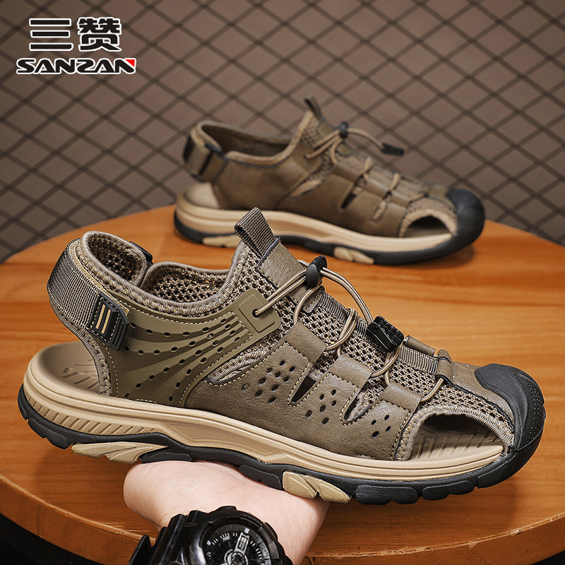 三赞男鞋爸爸皮凉鞋夏季2025新款外穿开车真皮透气防臭包头沙滩鞋