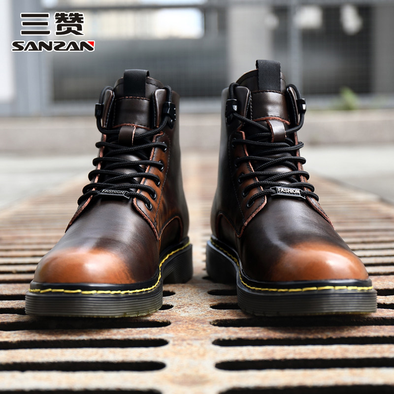 三赞男鞋真皮冬季保暖高帮棉鞋男士厚底耐磨防水防滑户外休闲皮鞋