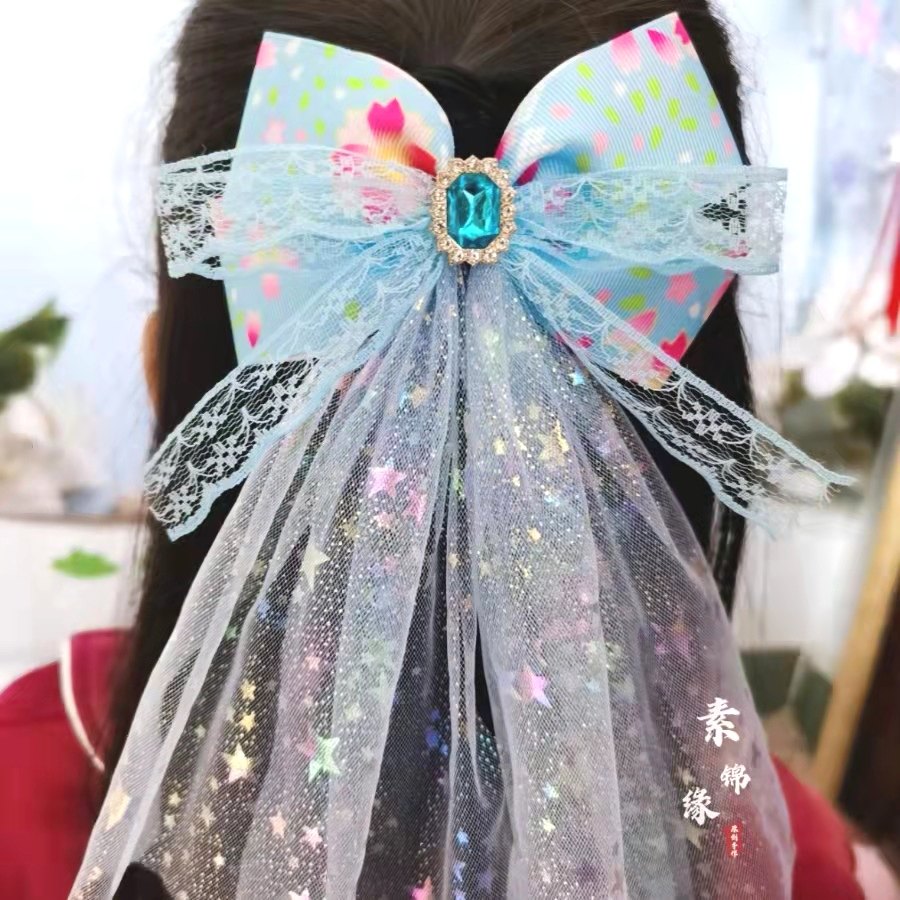 春季新款女童公主头纱蝴蝶结飘带头饰 超仙披纱马尾编发发夹