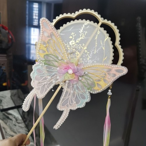 蝴蝶团扇古风长柄汉服搭配跳舞扇