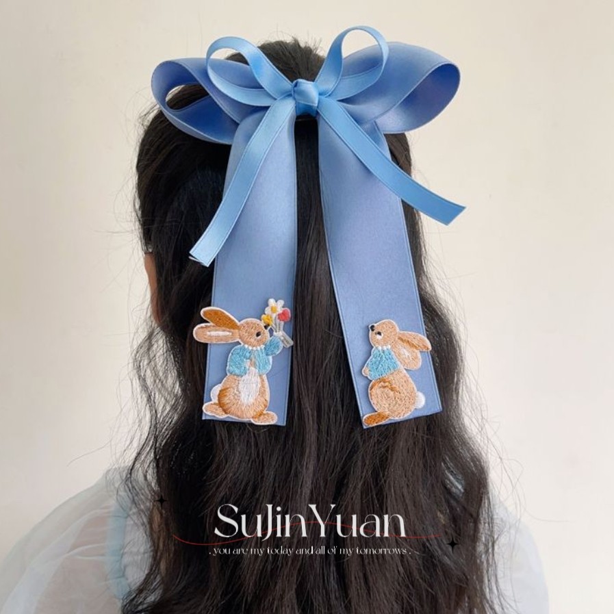 韩国蝴蝶结飘带刺绣兔子儿童发夹公主发卡女孩头发饰可爱宝宝顶夹