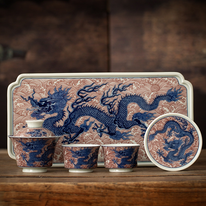 青花瓷壶承盖碗茶杯盖置托盘图片