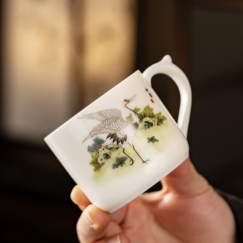 羊脂玉瓷带把防烫仙鹤陶瓷功夫茶具茶杯咖啡杯单杯家用简约个人杯,餐饮具,茶杯,淘宝优惠券,粉丝福利购,淘宝优惠卷