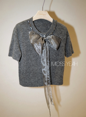 Moss烨 〓设计师〓领口钉珠丝带蝴蝶结 羊毛羊驼毛短袖针织毛衣