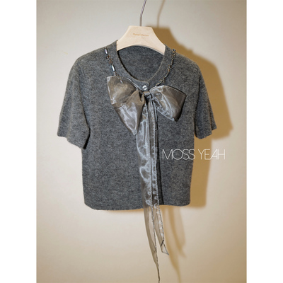 Moss烨 〓设计师〓领口钉珠丝带蝴蝶结 羊毛羊驼毛短袖针织毛衣