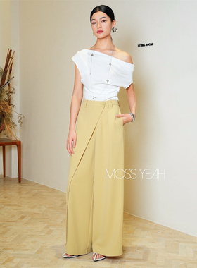 Moss烨 现货〓设计师〓垂坠醋酸 鹅黄色单边翻折造型阔腿裤