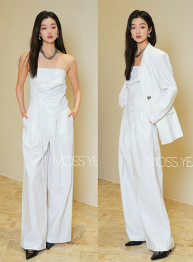 Moss烨现货〓设计师〓白色亚麻 亮丝涂层抹胸收腰西装系带阔腿裤