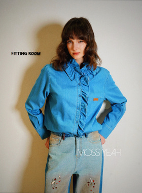 Moss烨 〓设计师〓莱赛尔醋酸棉 可拆卸木耳边领 浅蓝牛仔衬衫c